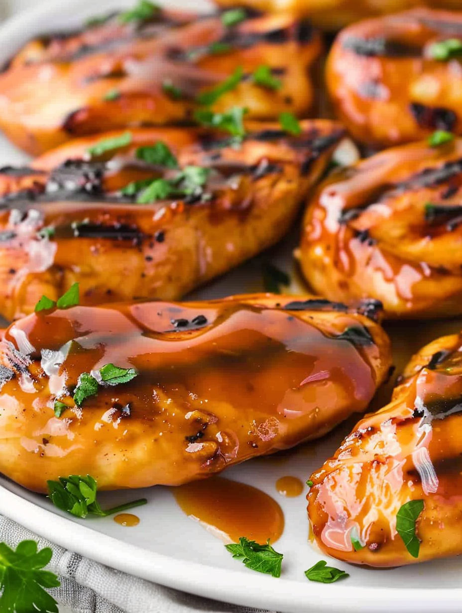 A plate of grilled chicken with a sauce.