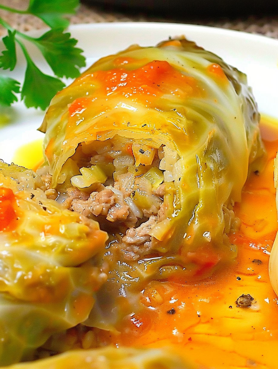 A stuffed cabbage roll with meat and vegetables.