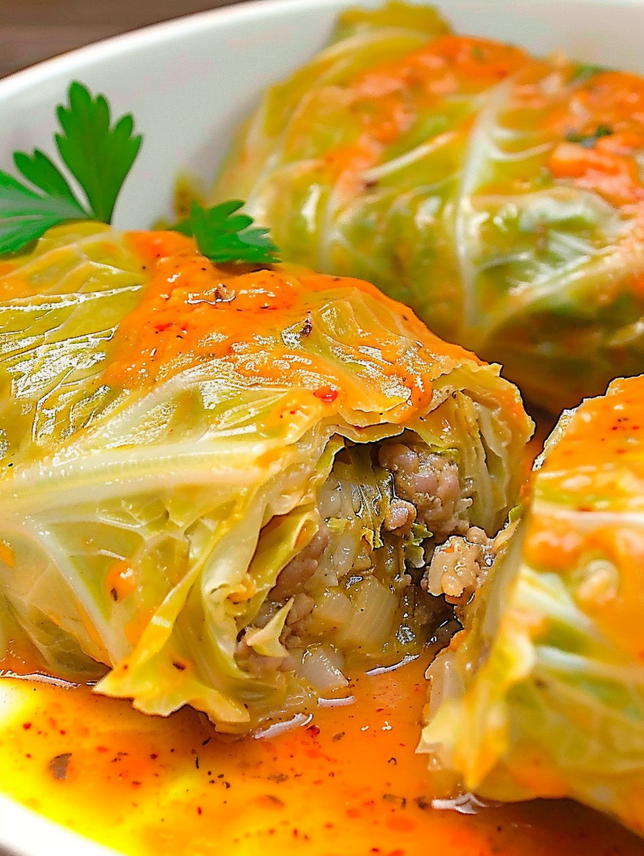 A close up of a stuffed cabbage roll.