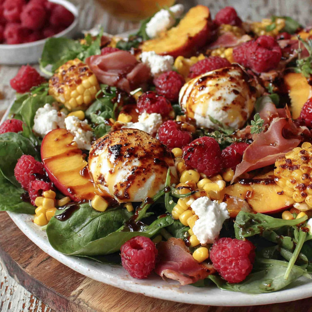 A plate of food with a salad and fruit.