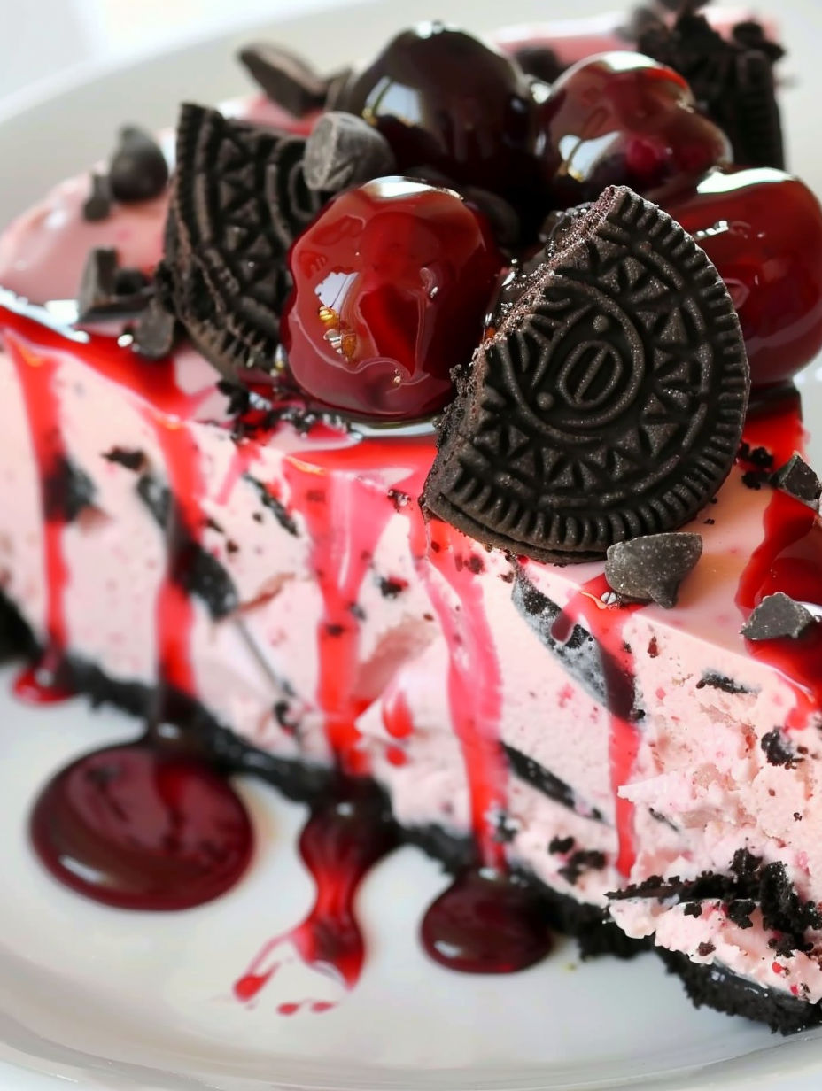 A slice of Oreo cherry chocolate chip no bake cheesecake.