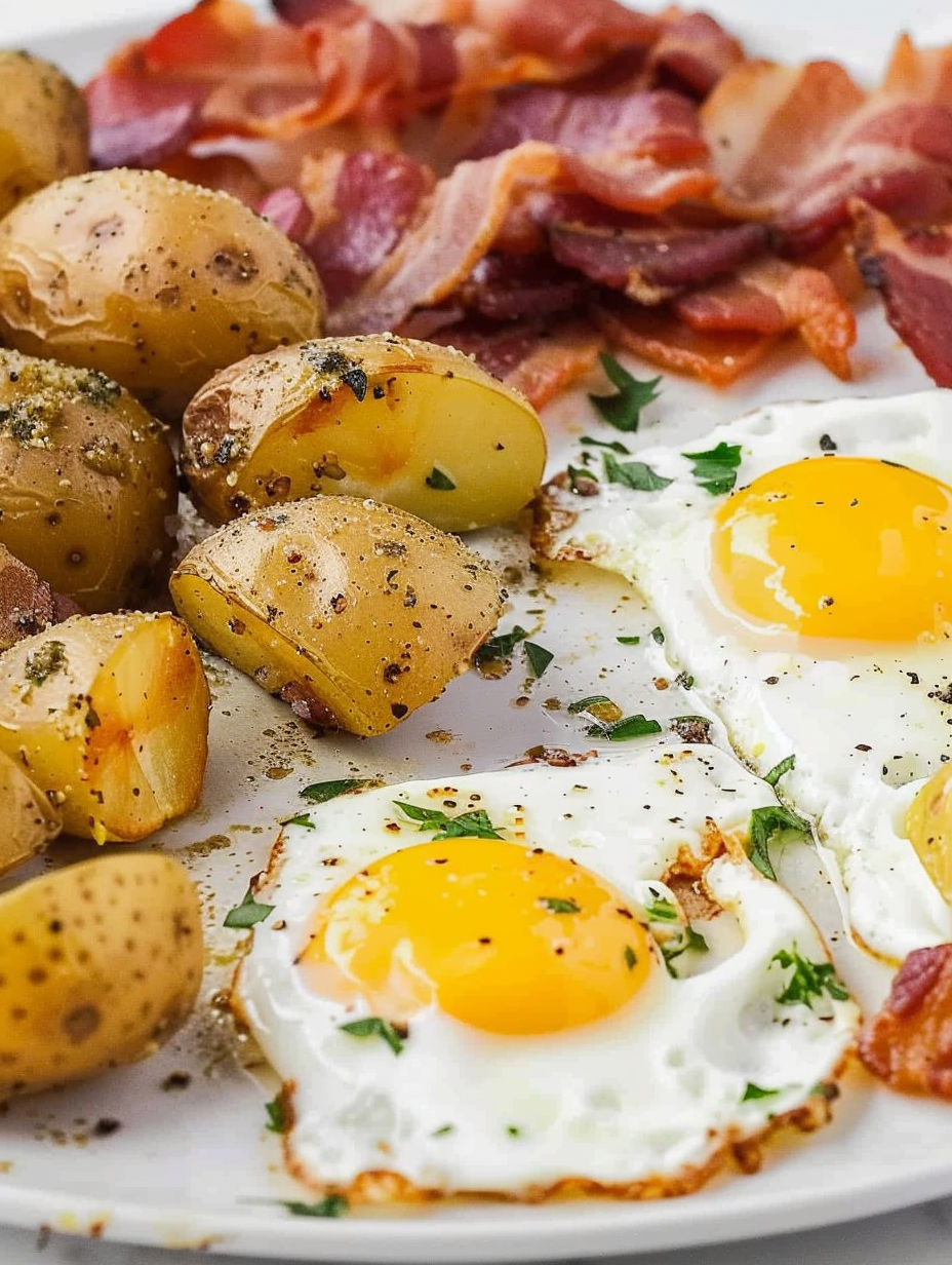 A plate of food with eggs, potatoes, and bacon.