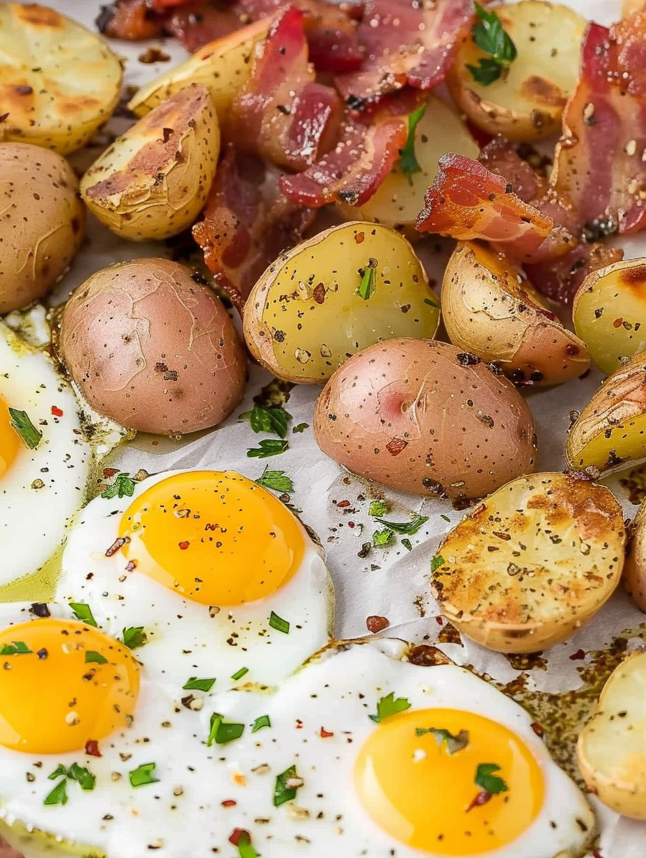 A plate of food with eggs, potatoes, and bacon.