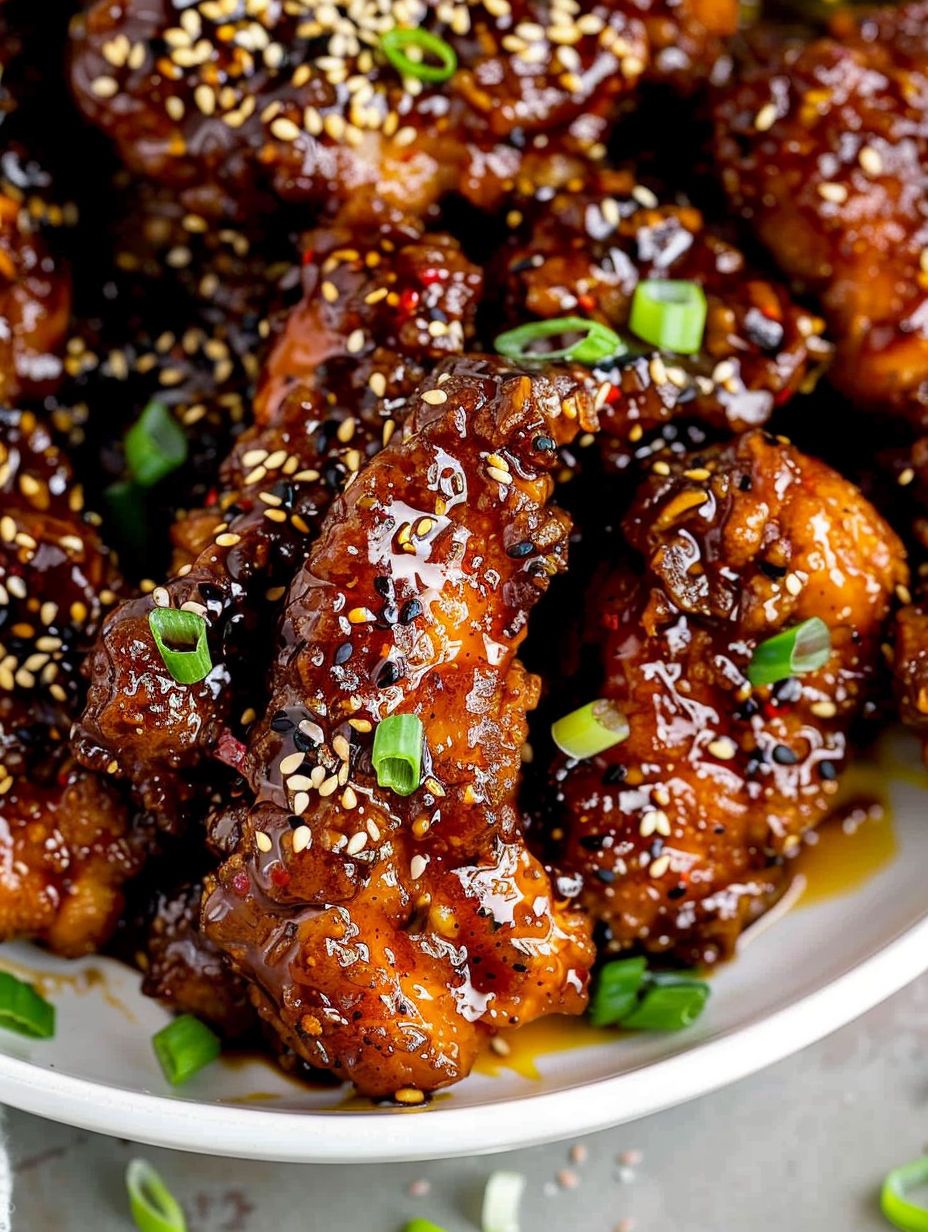 A plate of Korean chicken with sesame seeds and green onions.