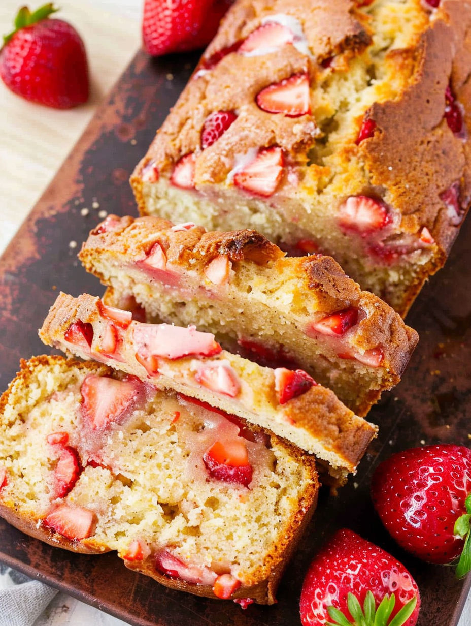 A slice of strawberry bread with strawberries on top.
