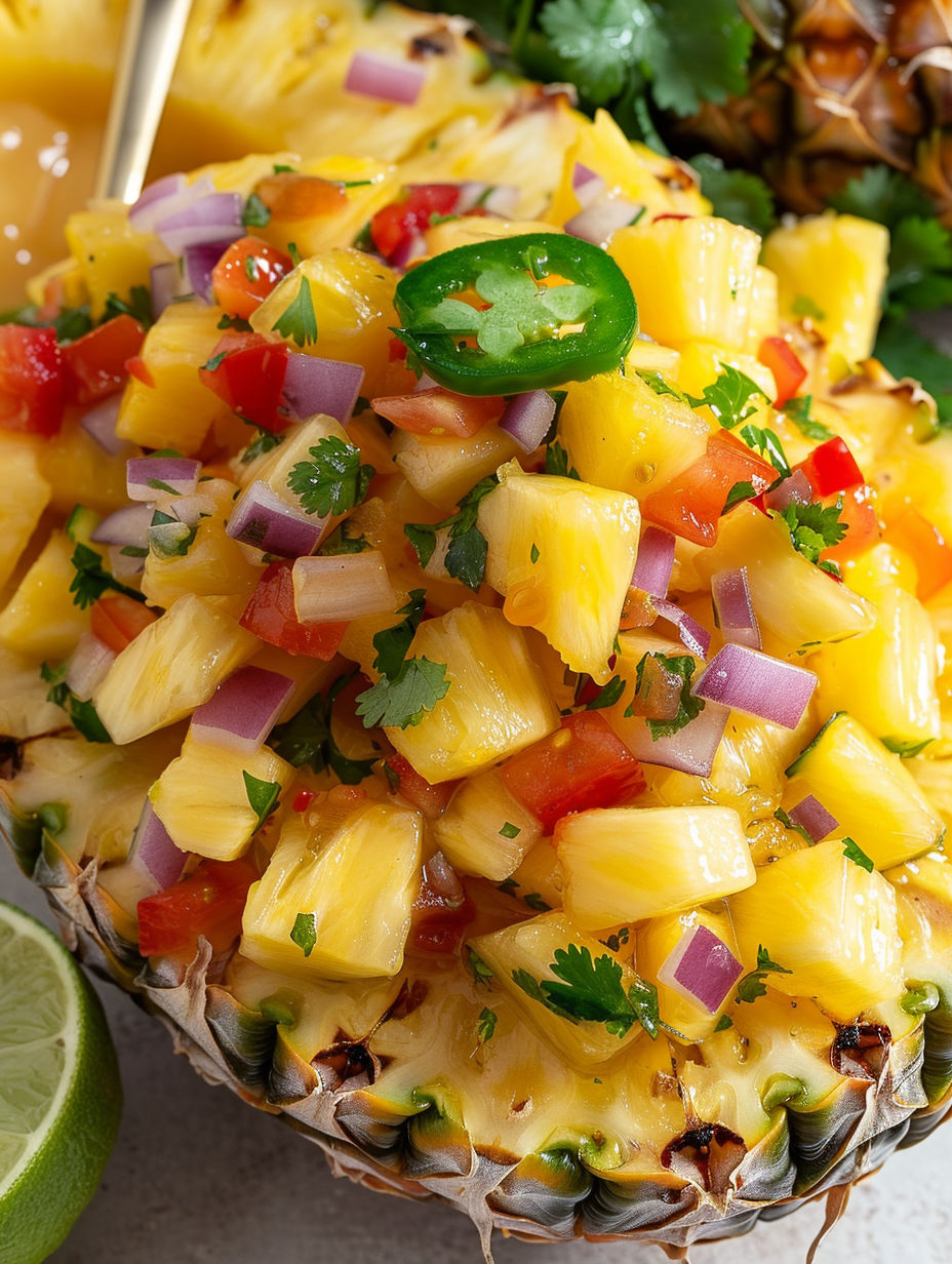 A close up of a pineapple mango salsa.