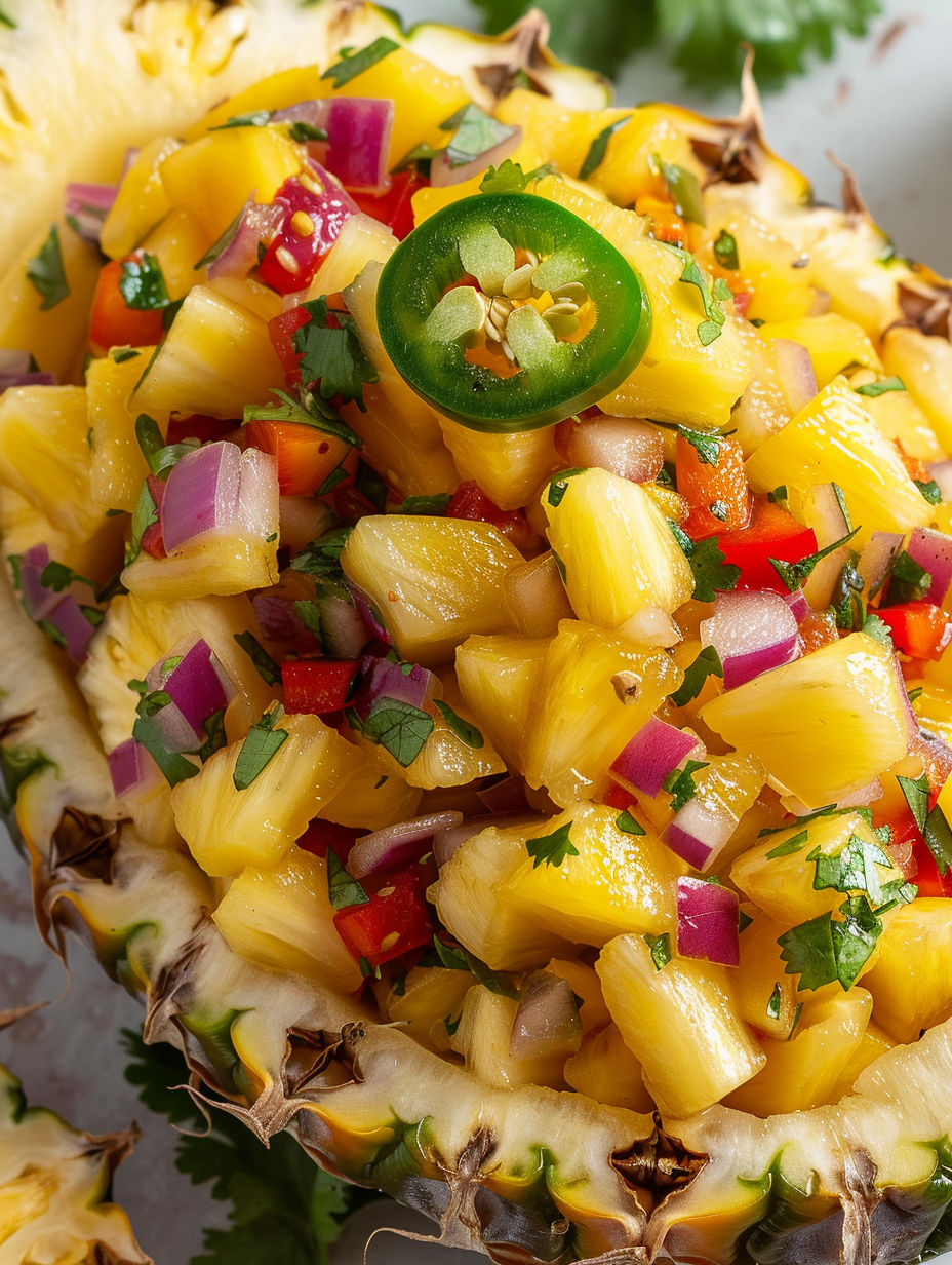 A close up of a pineapple mango salsa with jalapenos.