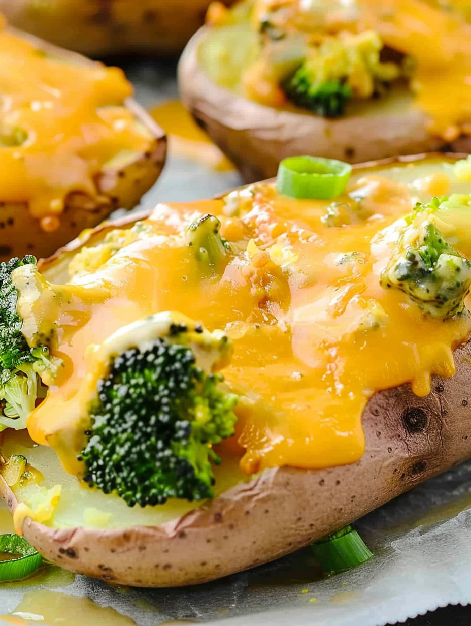 A close up of a baked potato with broccoli on top.