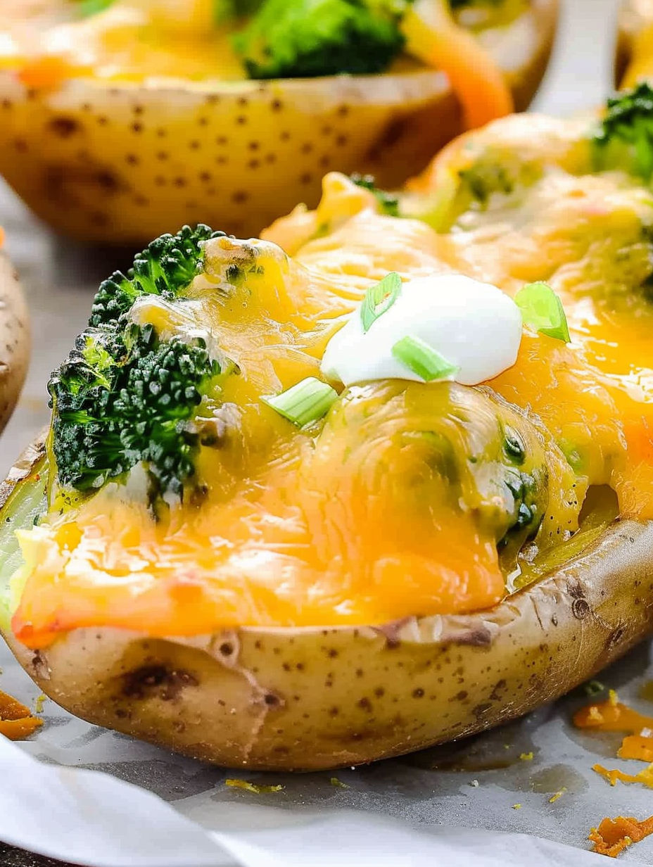 A close up of a potato with broccoli and cheese on top.