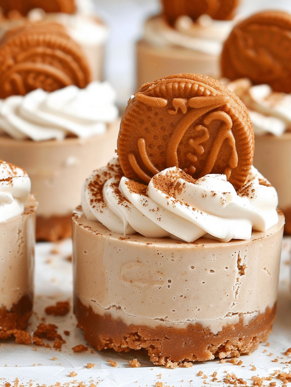 Mini No-Bake Biscoff Cheesecakes with whipped cream and cookie crumbs.