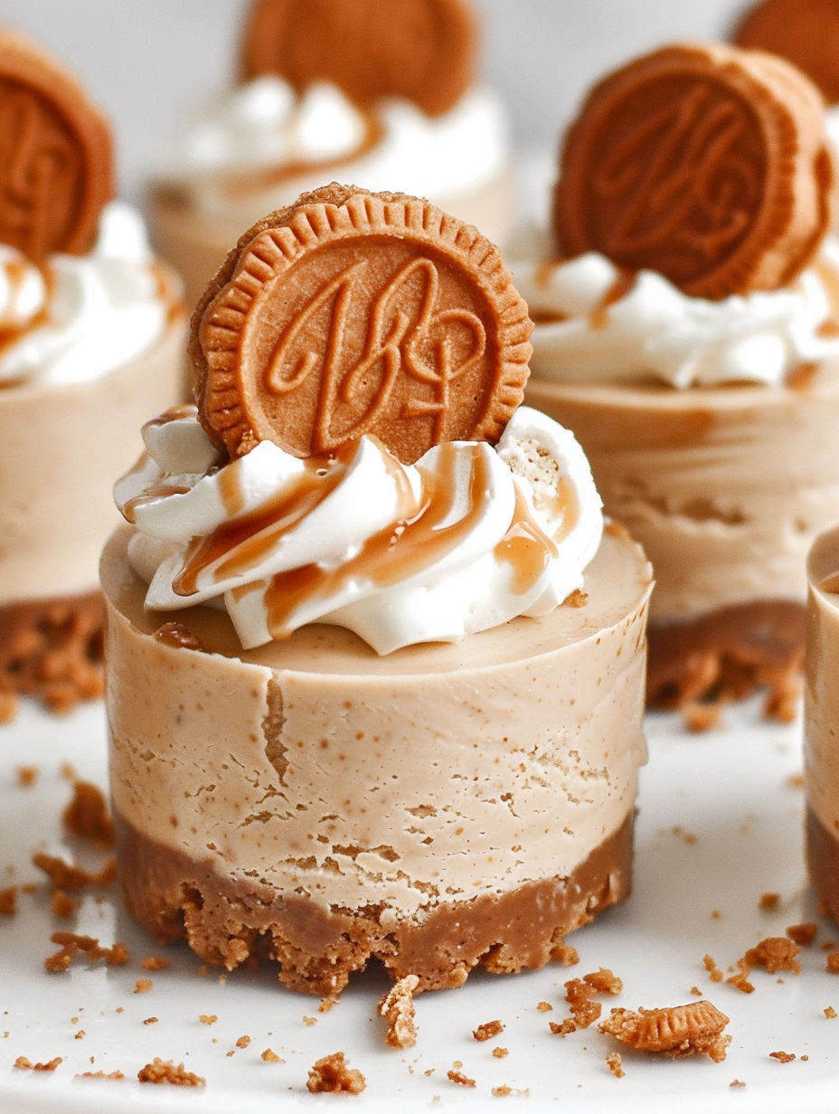 Mini No-Bake Biscoff Cheesecakes with cookies on top.