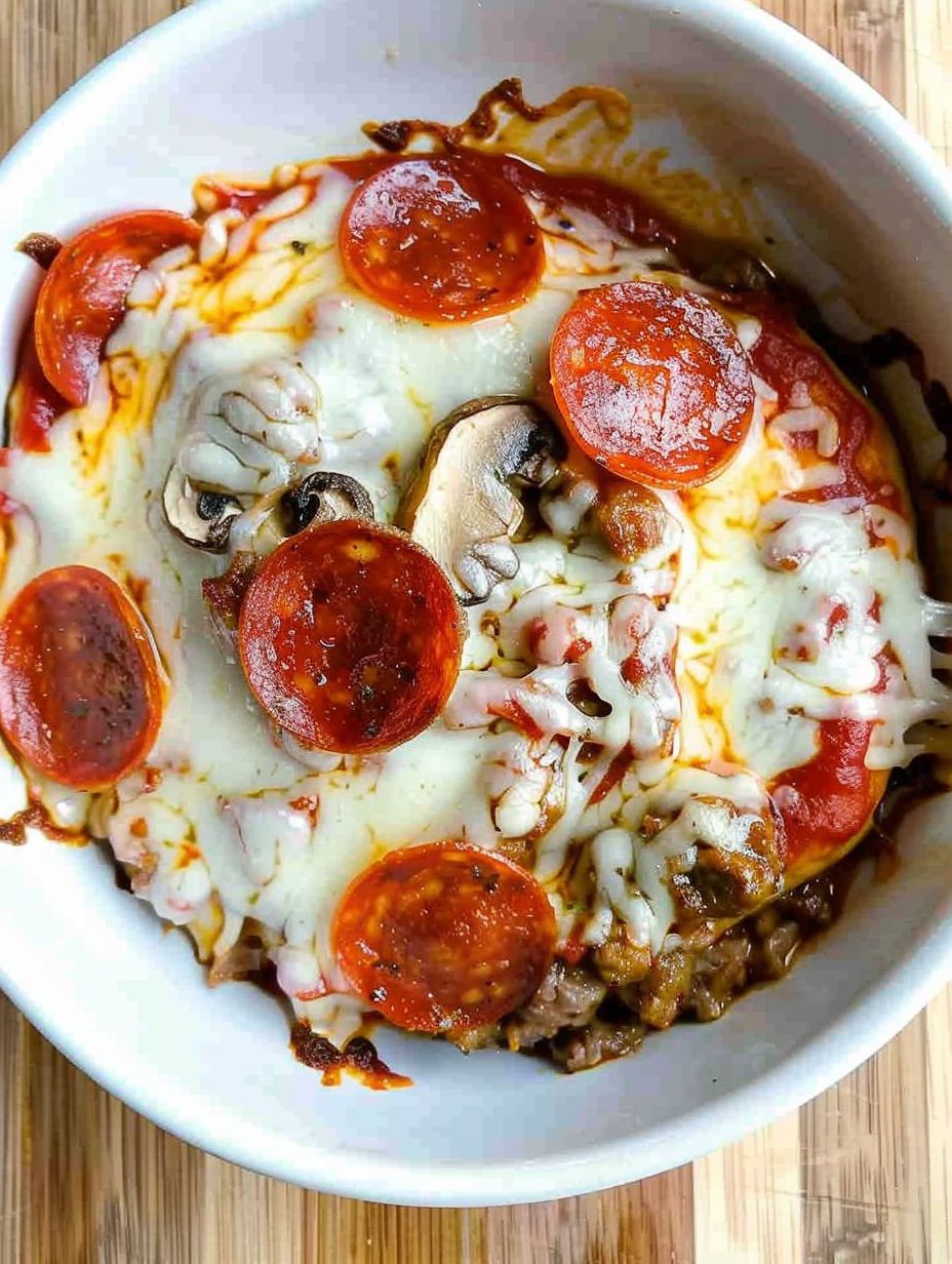 A bowl of pizza with mushrooms and pepperoni.