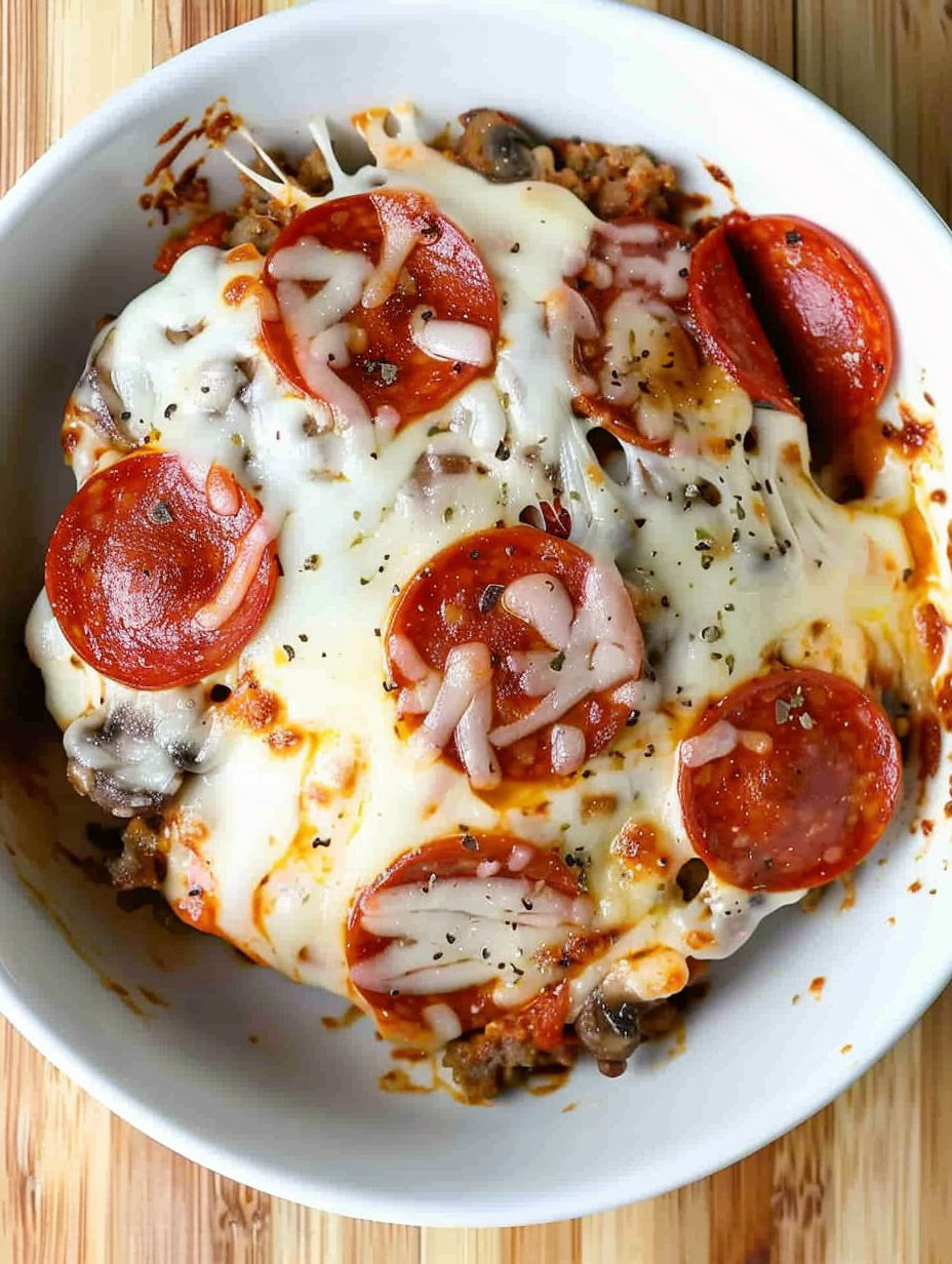 A bowl of pizza with cheese and pepperoni.