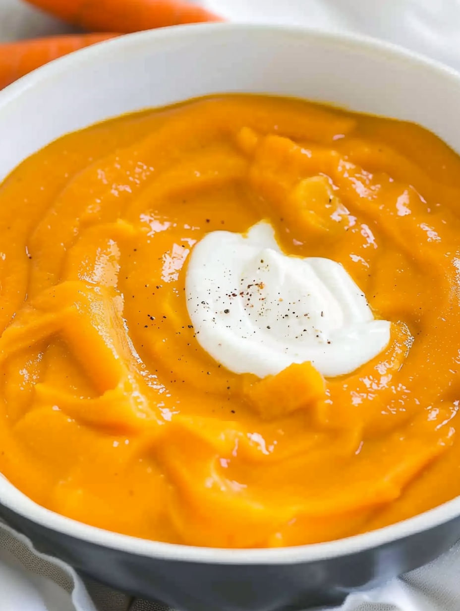 A bowl of creamy potato carrot soup.