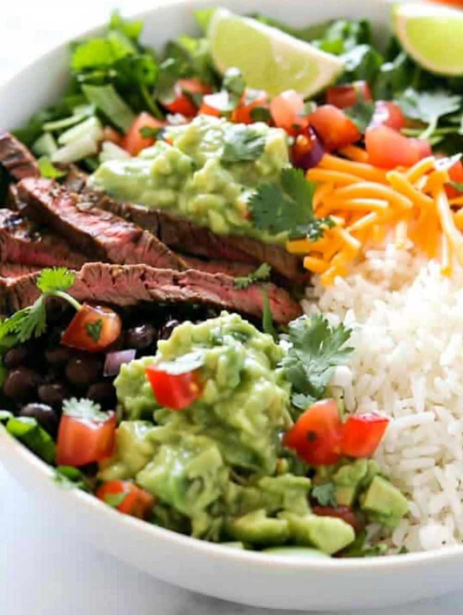 A bowl of food containing rice, beans, tomatoes, and avocado.