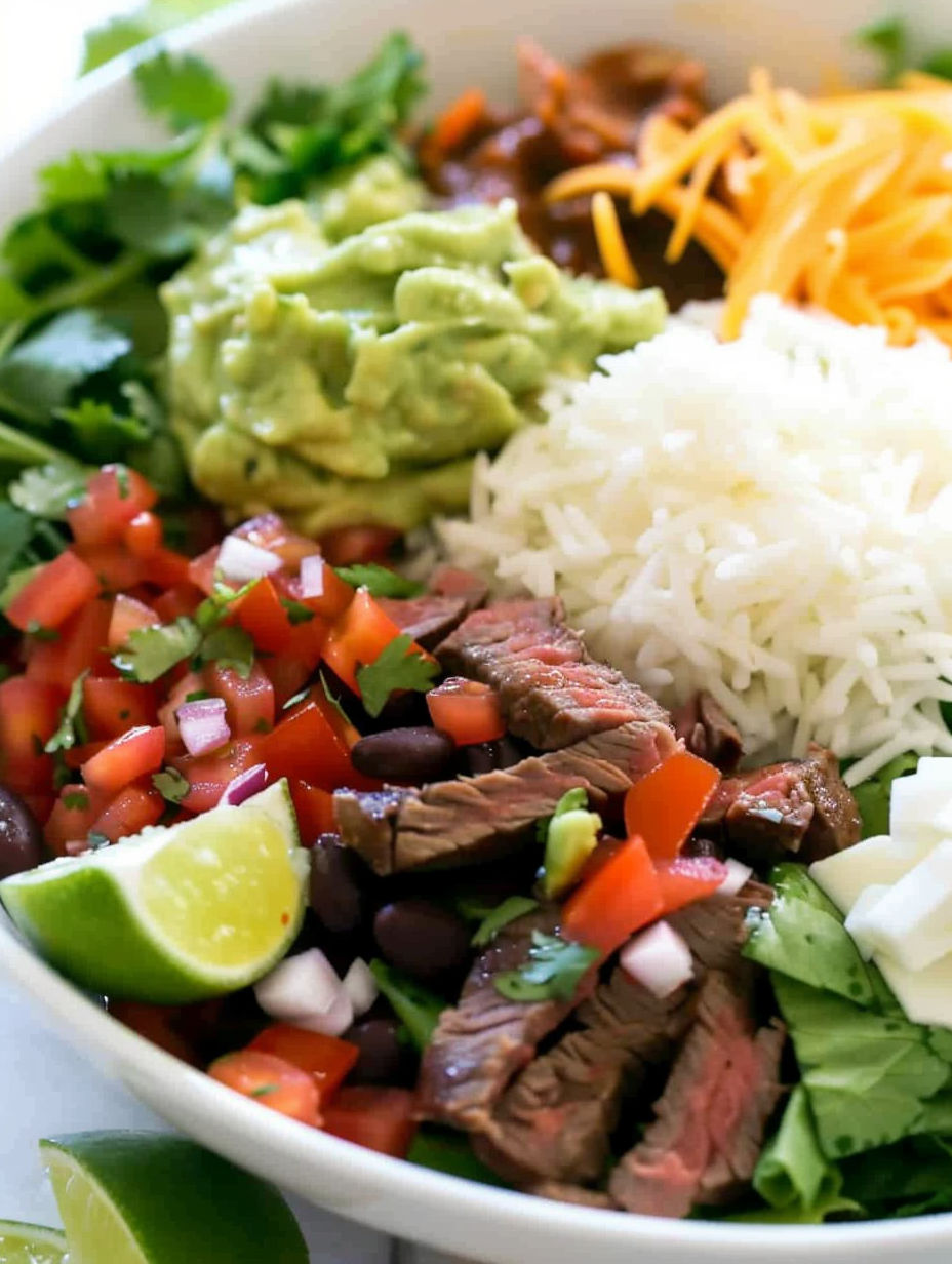 A bowl of food containing steak, rice, and vegetables.