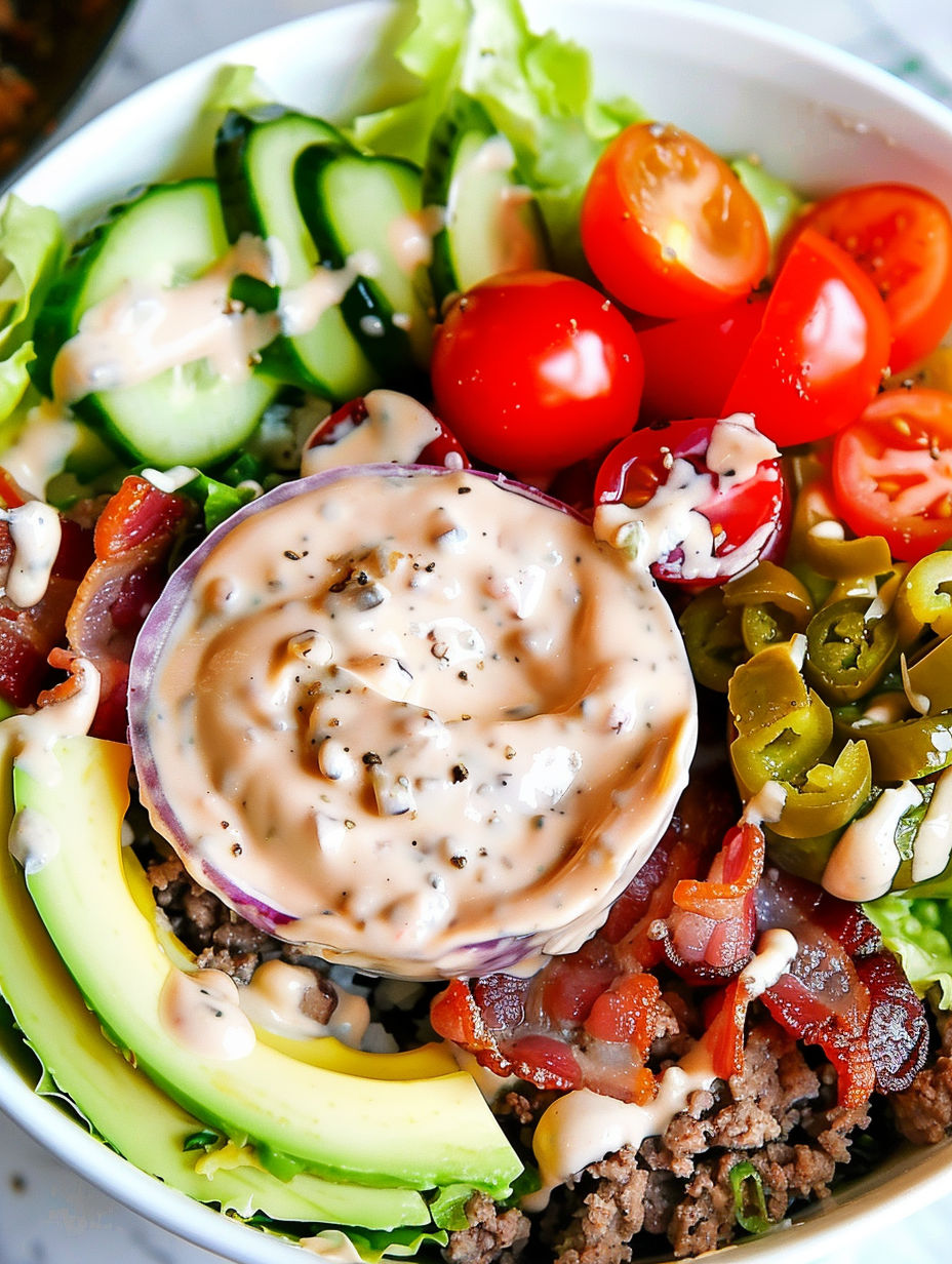 A bowl of food with a low-carb burger and vegetables.