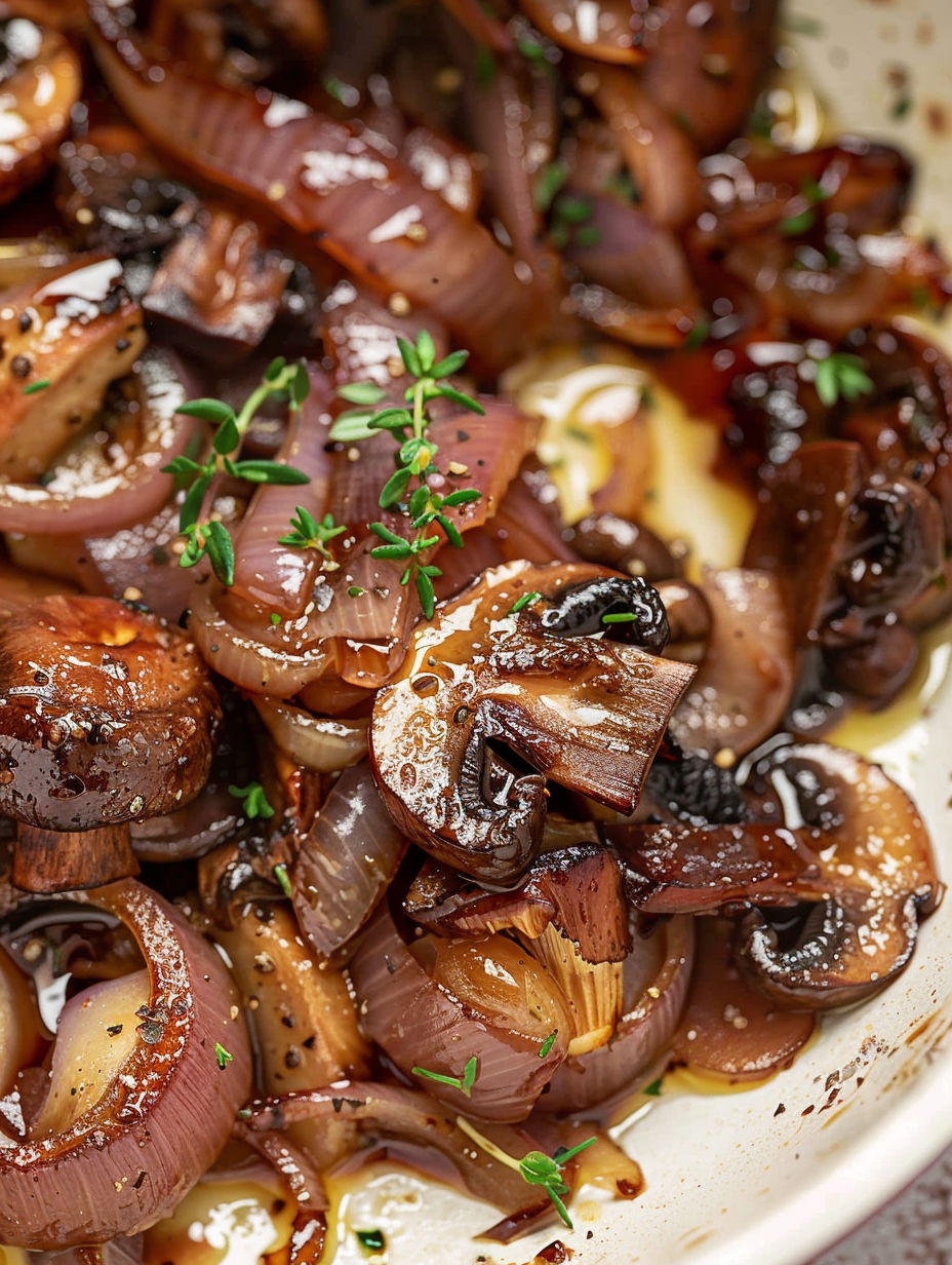 A dish of caramelized onions and mushrooms.