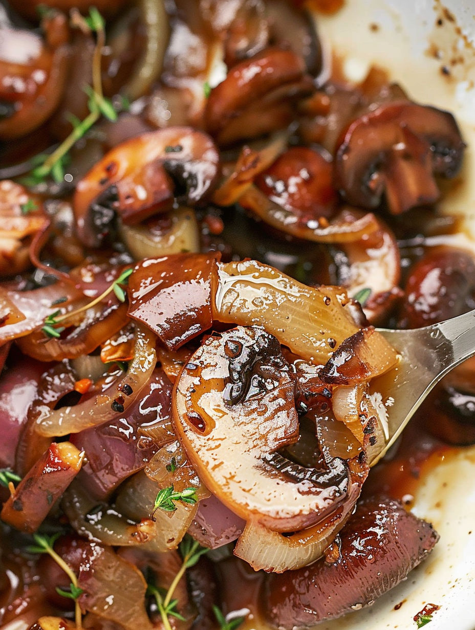A close up of caramelized onions and mushrooms.