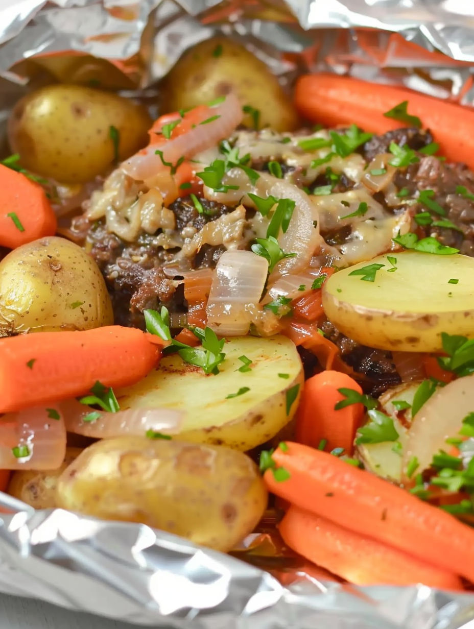 A close up of a beef and vegetable hobo dinner.