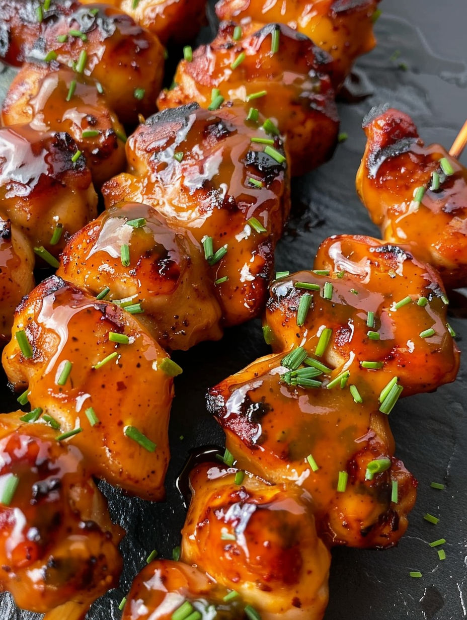 Grilled chicken skewers with honey and green onions.