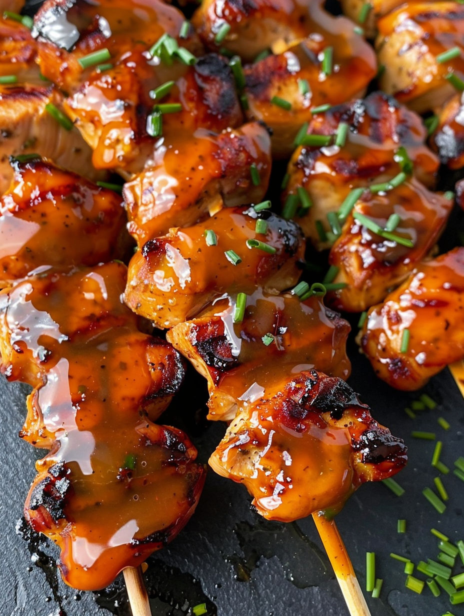 Grilled chicken skewers with honey glaze.