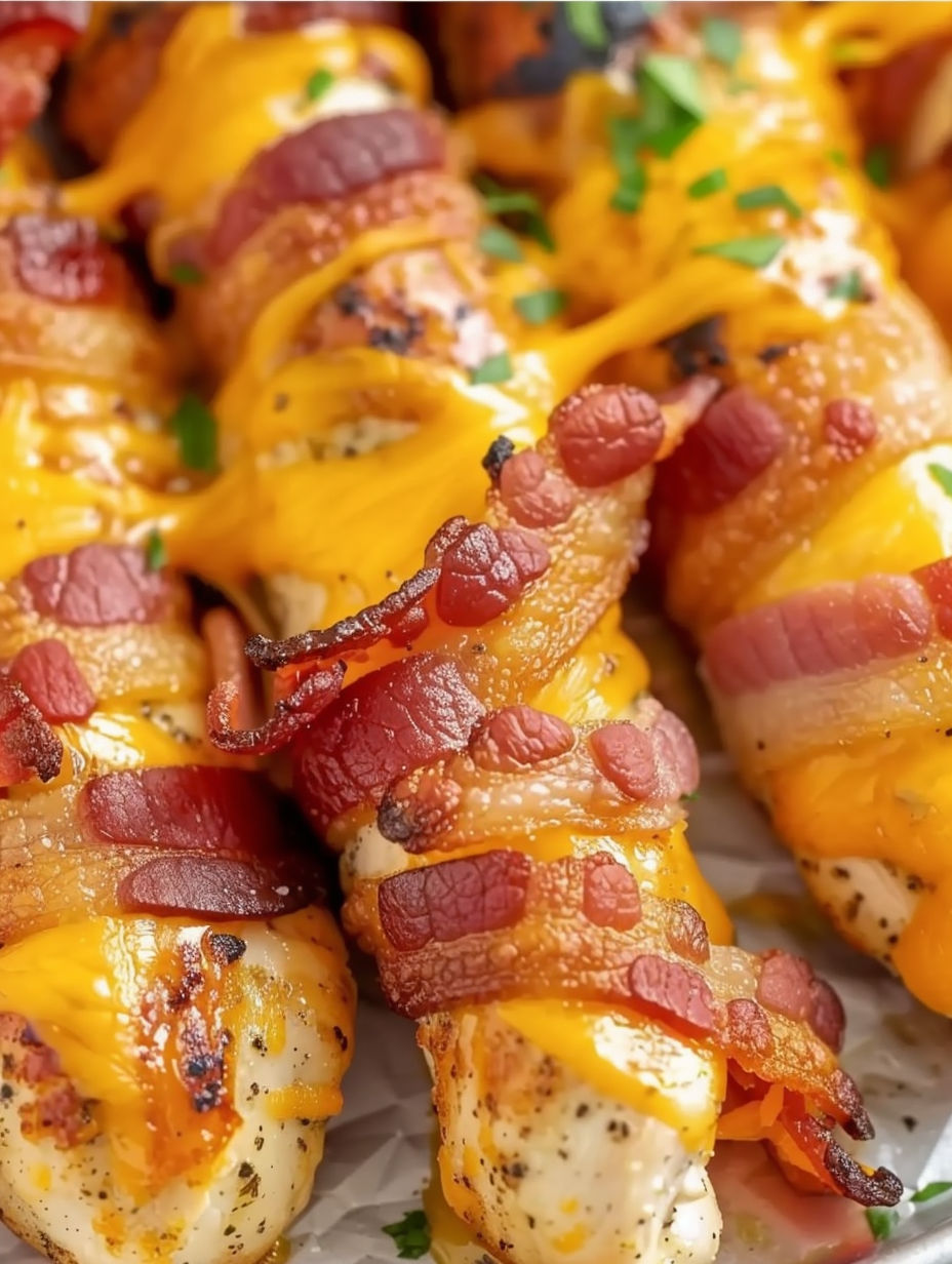 Bacon wrapped chicken tenders with cheese and bacon.