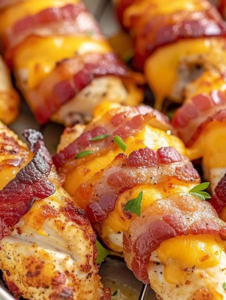 Bacon wrapped chicken tenders with cheese and bacon.