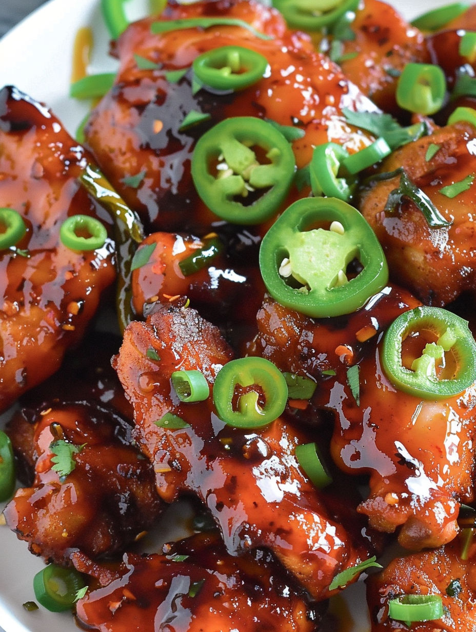 A plate of jalapeno chicken with sauce.