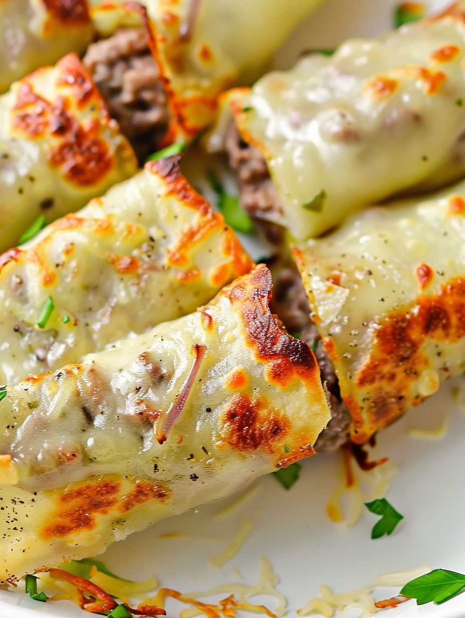 A plate of cheese steak roll ups.