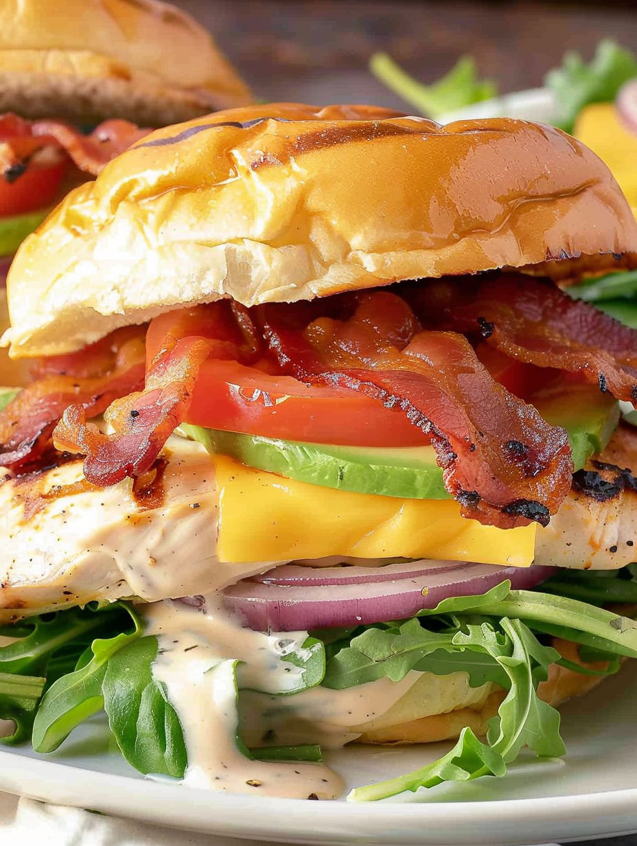 A grilled chicken sandwich with bacon and tomato.