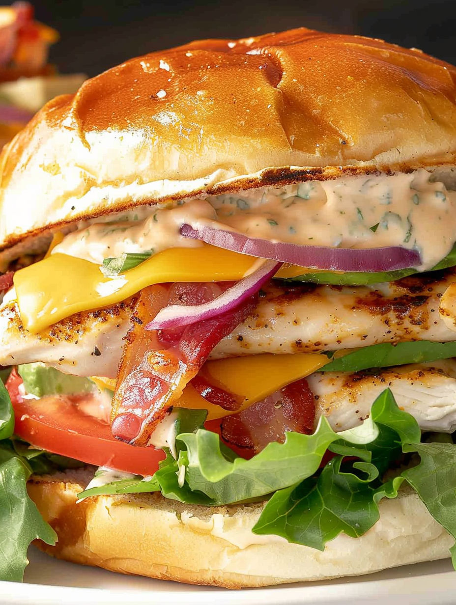 A grilled chicken sandwich with lettuce, tomato, and bacon.