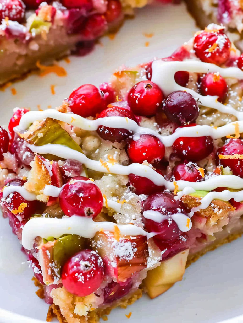 A slice of cranberry apple cake with white icing.
