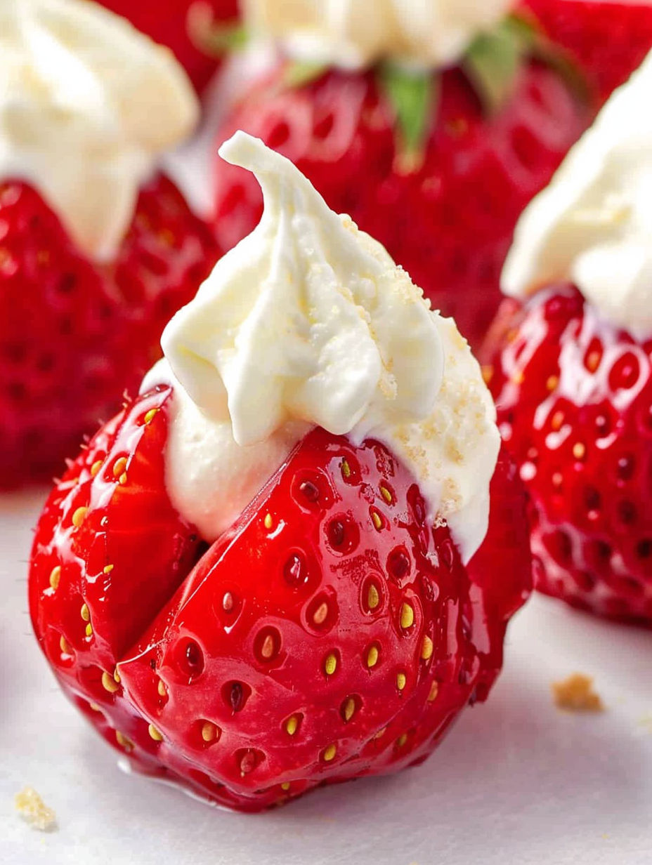 A close up of a strawberry with whipped cream on top.
