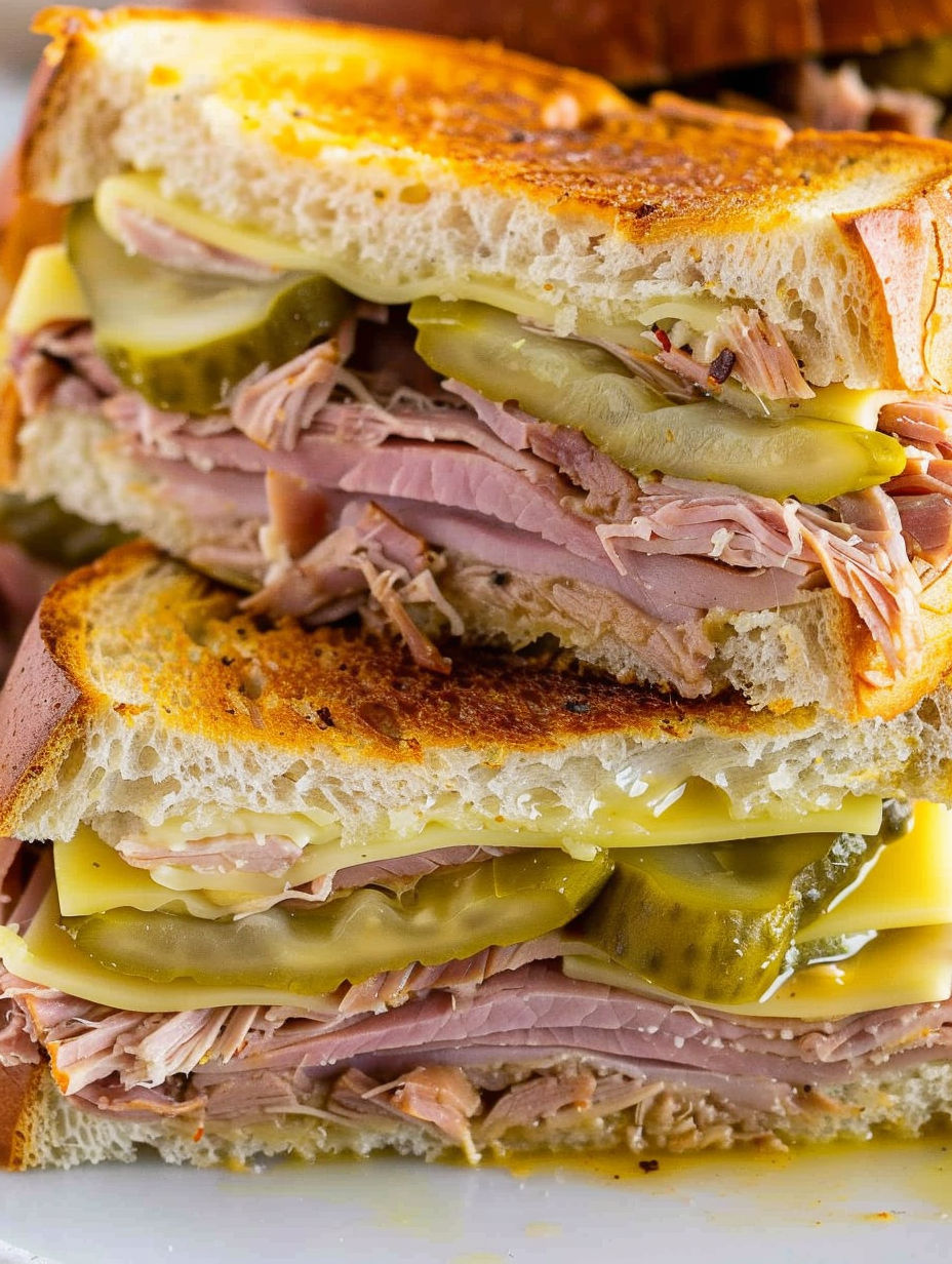 A sandwich with meat and pickles.
