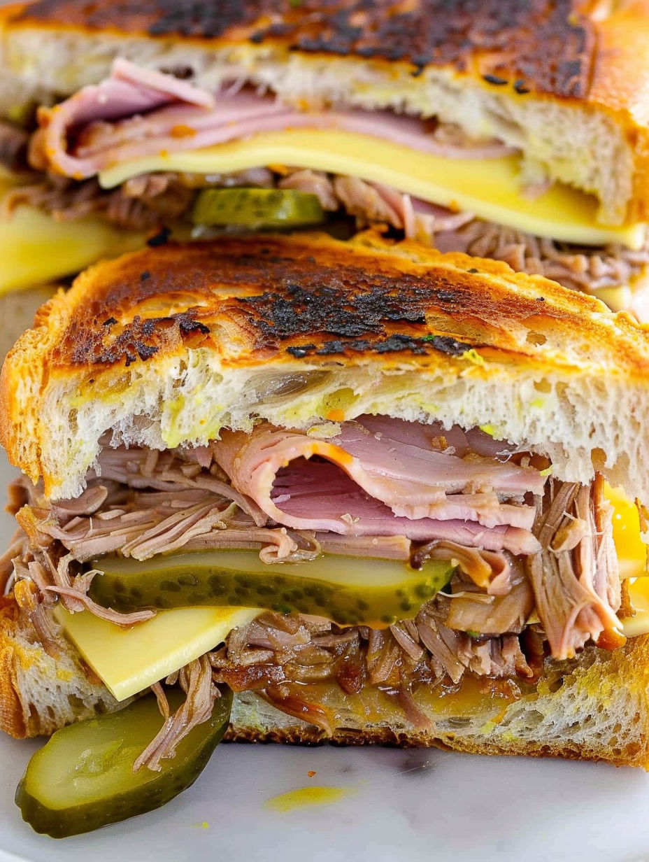 A close up of a slow cooker cuban sandwich.