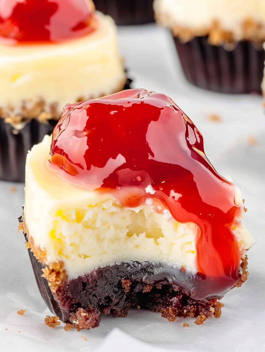 A small piece of cherry cheesecake with a red sauce on top.
