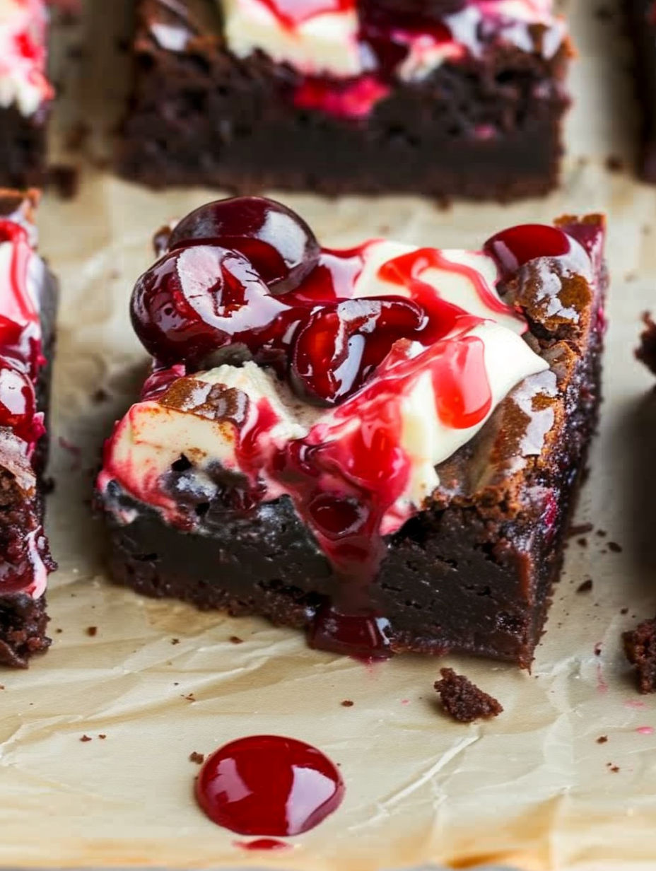 A slice of chocolate cake with cherries and whipped cream.