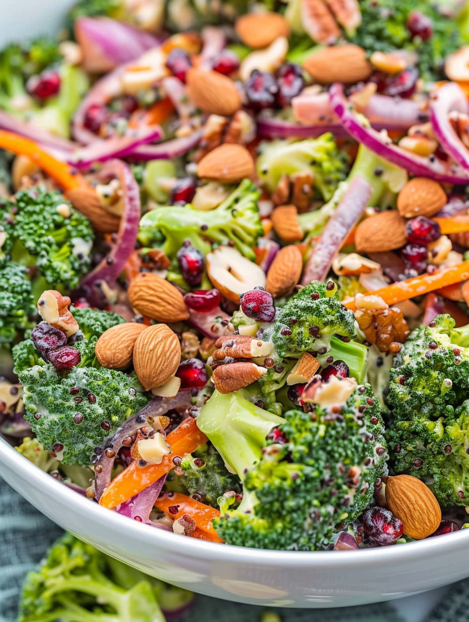 A bowl of broccoli salad with a lemon poppy seed dressing.