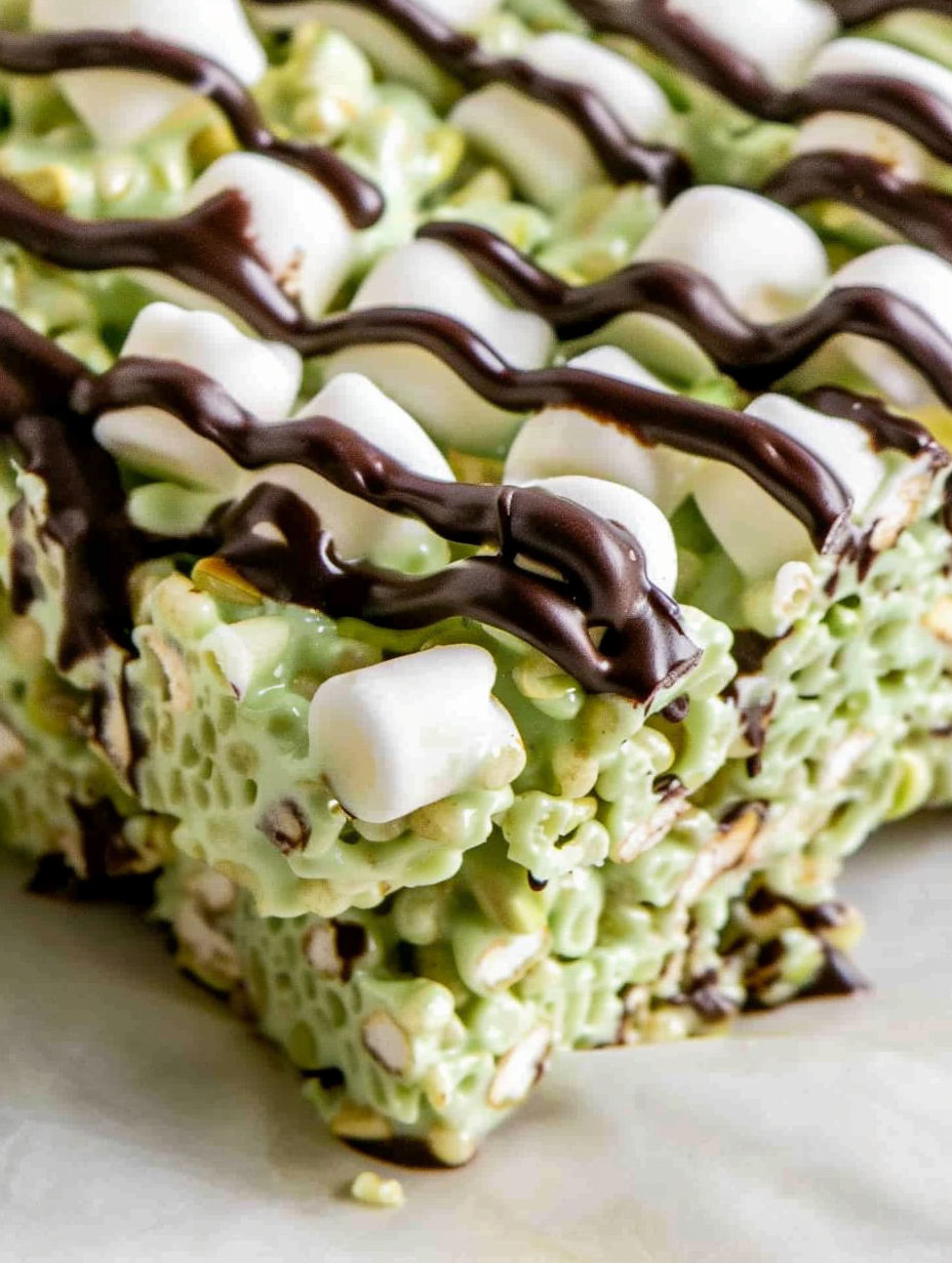 A close up of a pistachio rice krispie treat with dark chocolate drizzled on top.