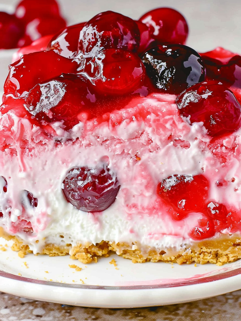 A slice of cherry cheesecake lush.