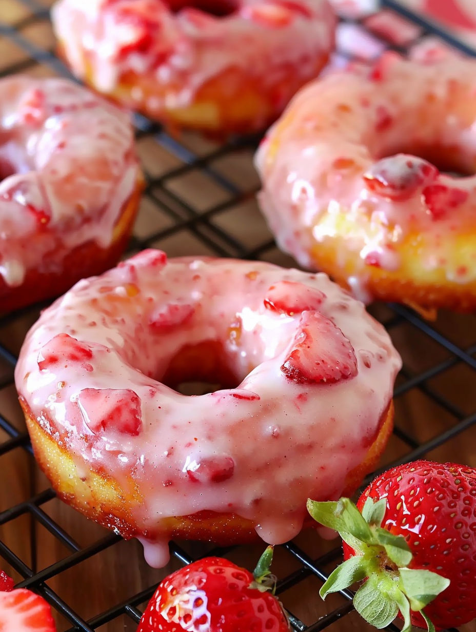 A close up of a doughnut with strawberries on top.