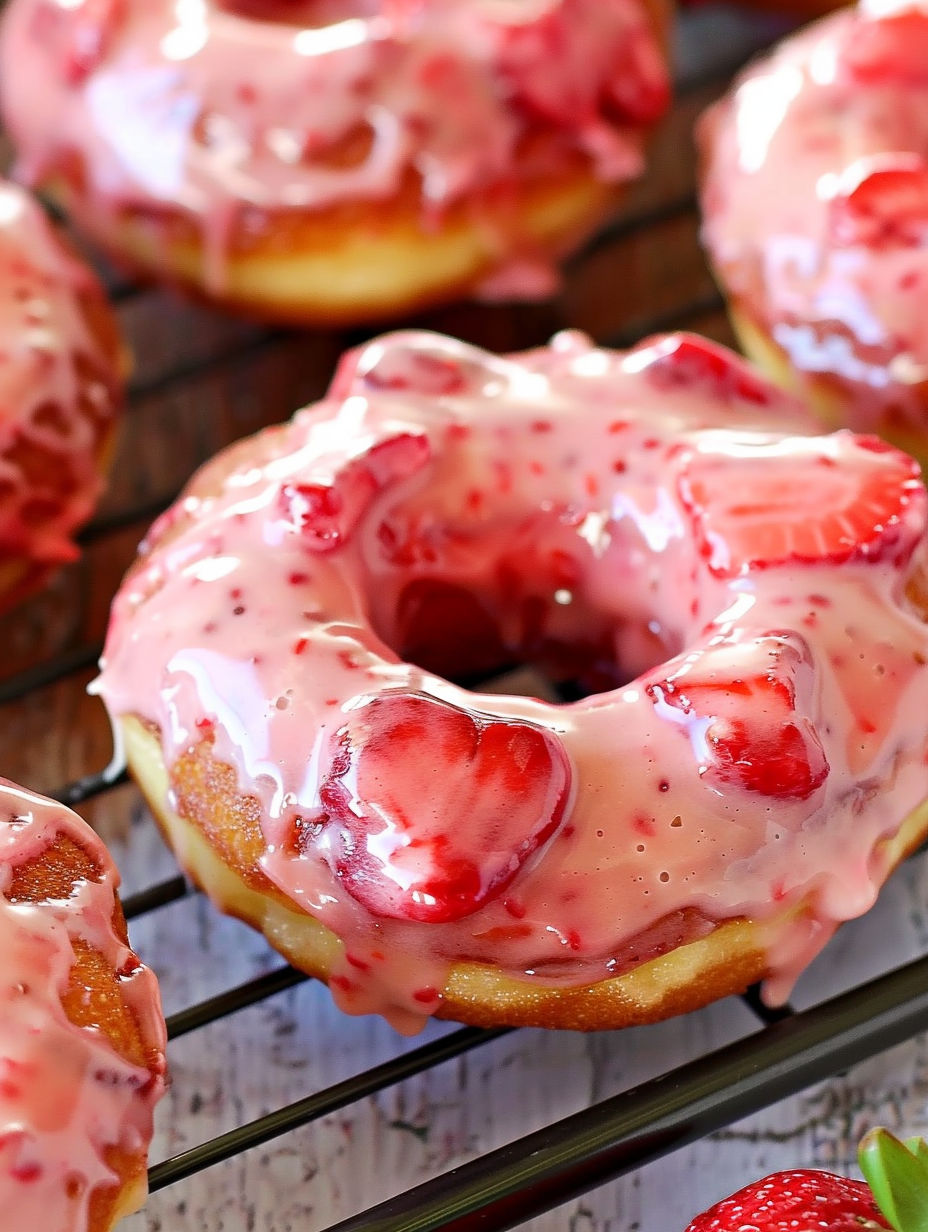 A close up of a doughnut with strawberry sauce on it.