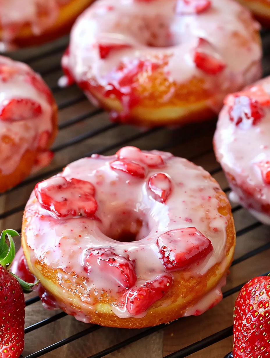 A close up of a doughnut with strawberries on it.