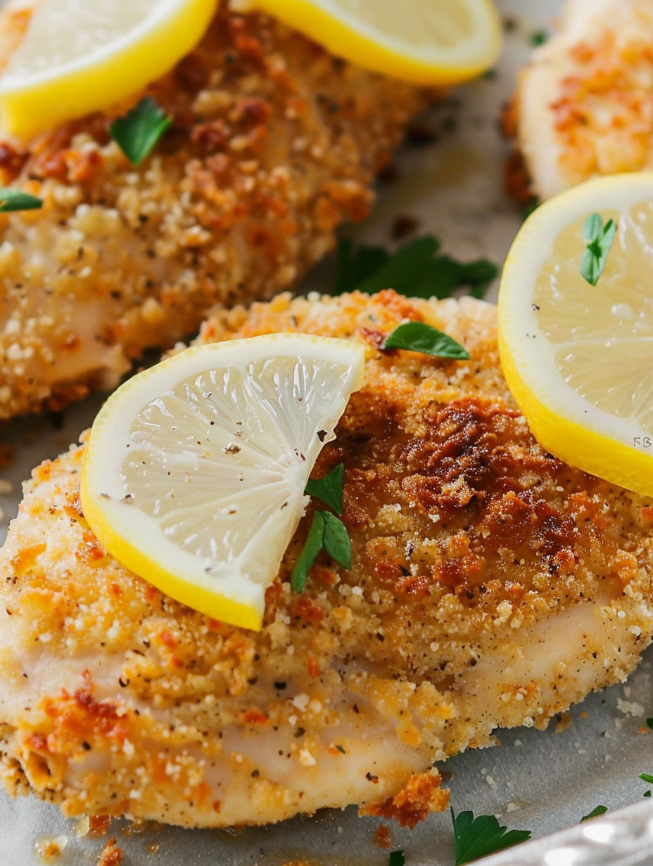 Parmesan crusted chicken with lemon slices on top.