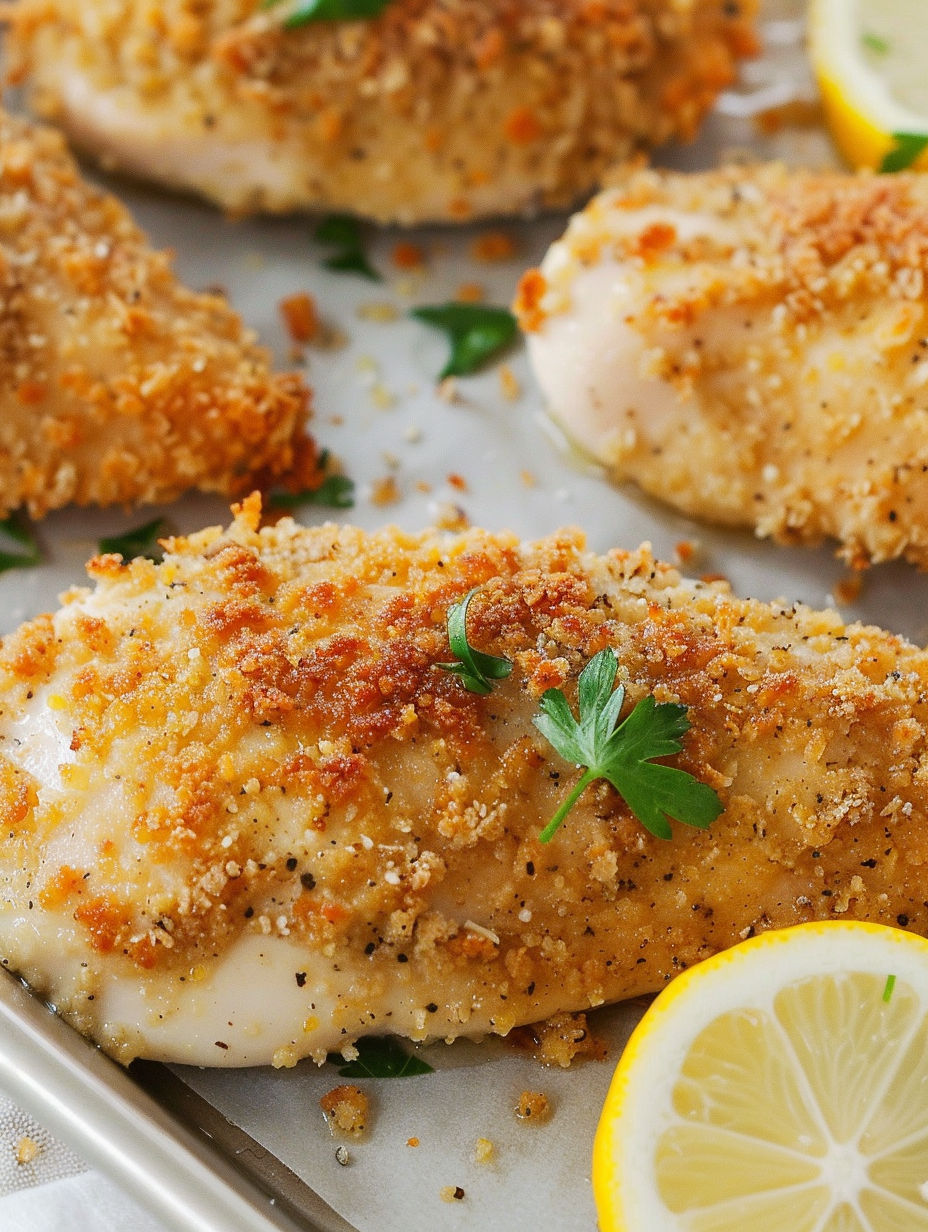 A plate of chicken with Parmesan crust.