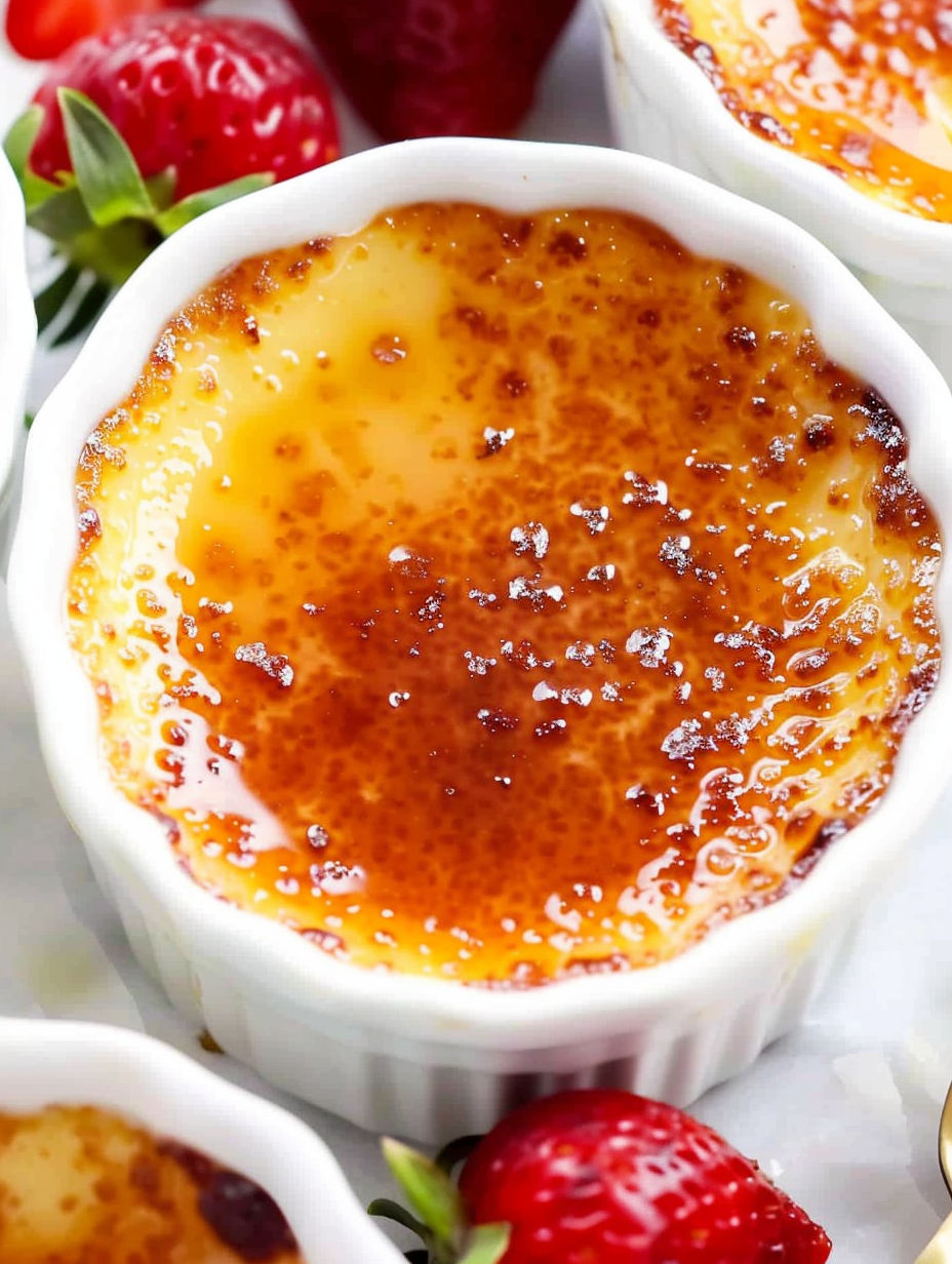 A white bowl filled with a creme brûlée dessert.
