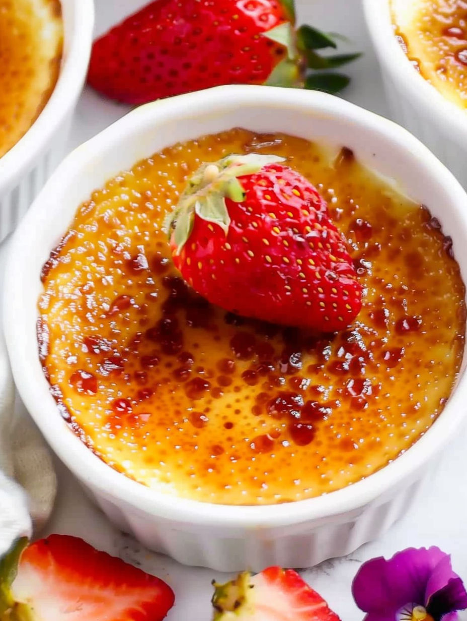 A white bowl with a strawberry on top of a white chocolate creme brulee.