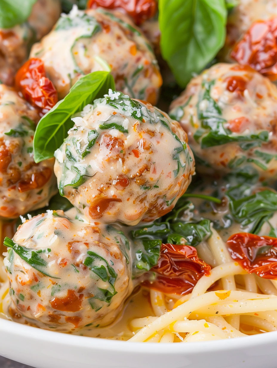Meatballs with sauce and greens.