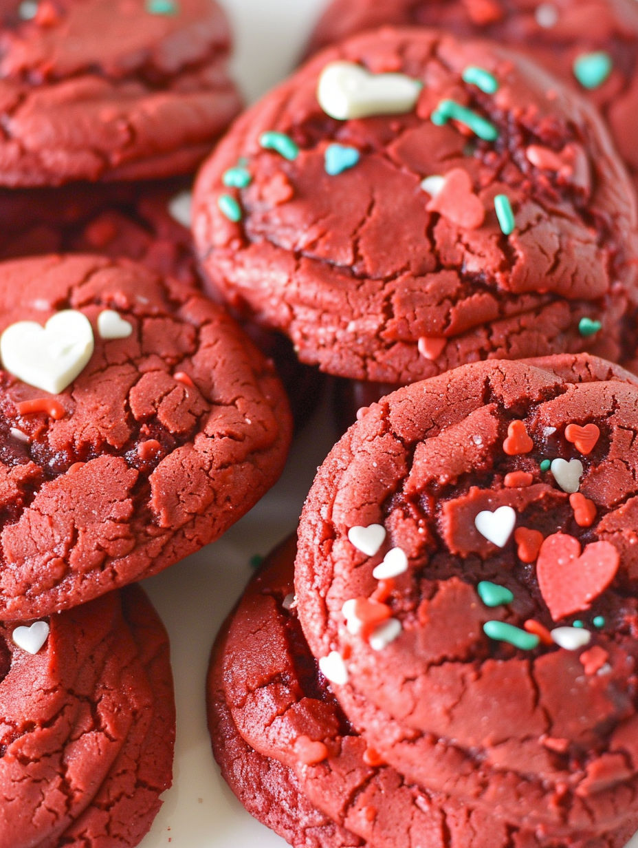 Red velvet cake mix cookies with white and green sprinkles.